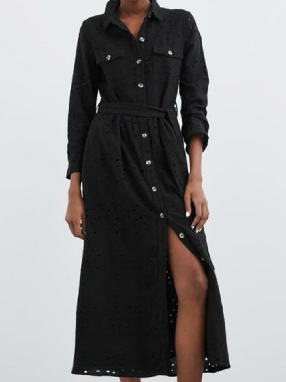 Zara Black Eyelet Long Sleeve Button‑Front Midi Dress with Waist Tie